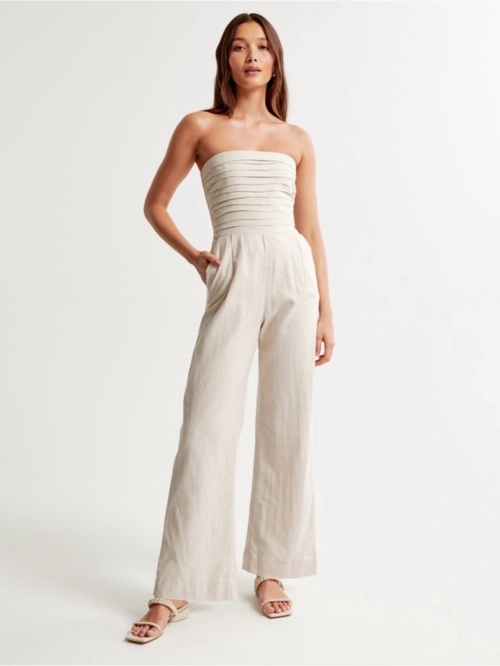 Abercrombie & Fitch Strapless Wide-Leg Jumpsuit in Light Beige Size SP